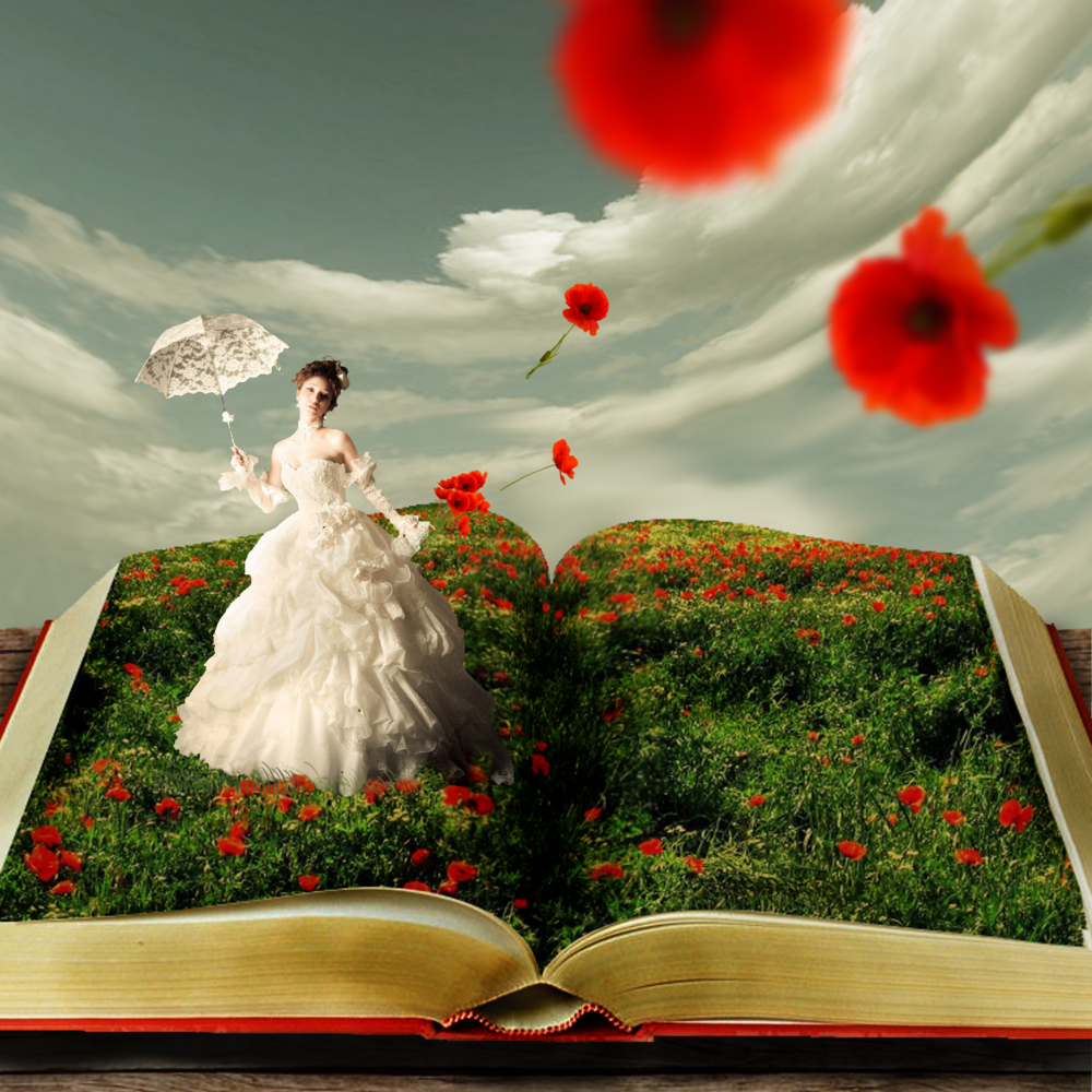 Обои для рабочего стола Девушка, в длинном платье, с зонтом в руке, идет по цветочному полю, находящемуся на страницах книги, автор imagase