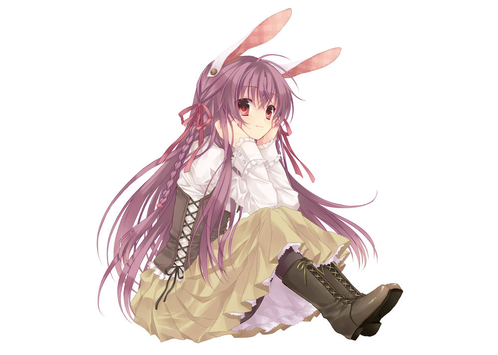 Обои для рабочего стола Рейзен Удонгейн Инаба / Reisen Udongein Inaba из игры Тохо / Touhou сидит на полу и улыбается