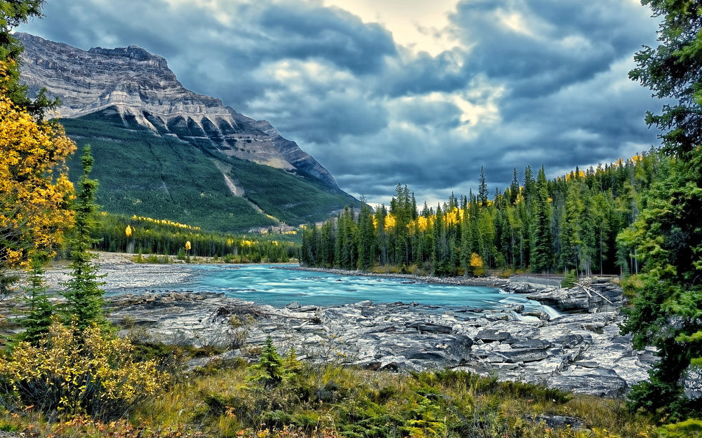 Обои для рабочего стола Река на фоне красивой природы, Athabasca River / Jasper National Park / Canada