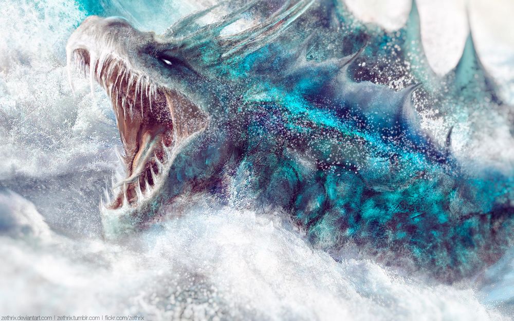 Обои для рабочего стола Ледяной дракон разинул пасть, находясь в морской пене, art by zethrix