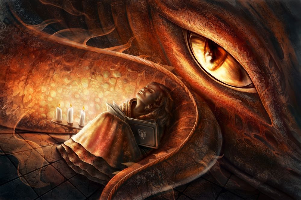 Обои для рабочего стола Девушка, с книгой в руках, спит рядом с драконом