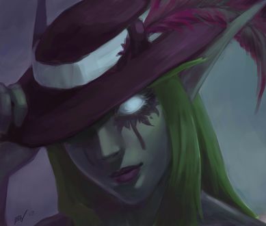 Обои на рабочий стол Ночная эльфийка / Night elf в шляпе с пером, арт к игре World Of Warcraft