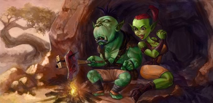 Обои на рабочий стол Гоблин / Goblin жарит кусок мяса, рядом сидит гоблинша / Goblin female и хищно смотрит на мясо, арт к игре World Of Warcraft