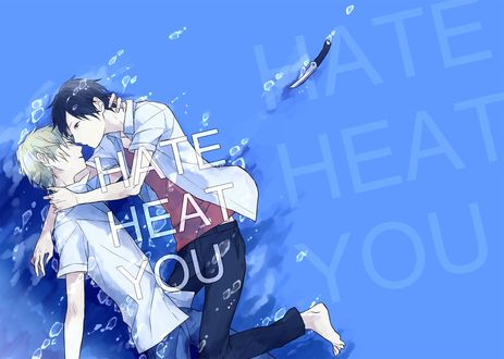 Обои на рабочий стол Heiwajima Shizuo / Хейваджима Шизуо и Orihara Izaya / Орихара Изая в окружении пузырьков воды, за спинами которых завис нож, аниме Durarara!/Дюрарара, арт мангаки roserose-kiri (HATE HEAT YOU)