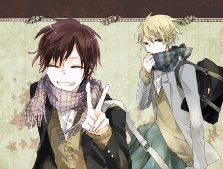 Обои на рабочий стол Heiwajima Shizuo / Хейваджима Шизуо и Orihara Izaya / Орихара Изая в школьной форме из аниме Durarara!/Дюрарара, арт мангаки roserose-kiri