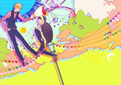 Обои на рабочий стол Heiwajima Shizuo / Хейваджима Шизуо стоит на тонких проводах, держа в руках букет роз, из которого вылетают белые голуби и смотрит на Orihara Izaya / Орихара Изая, который сидит на фонаре, держа в руках ножик на ярком фоне, аниме Durarara / Дюрарара, арт мангаки Kurobara