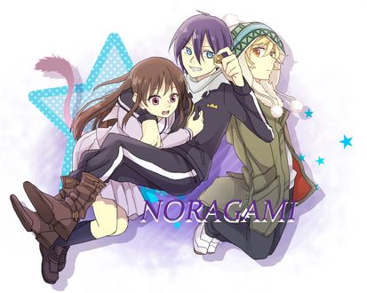 Обои на рабочий стол Iki Hiyori / Ики Хиери, Yato / Ято и Yukine / Юкине из аниме Noragami / Норагами