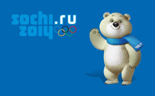 Обои на рабочий стол Олимпийский мишка в синем шарфе с эмблемой олимпийский игр в Сочи 2014 / Sochi 2014 машет рукой