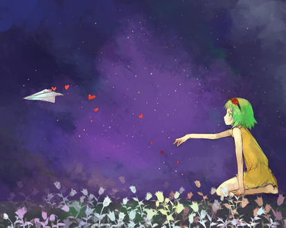 Обои на рабочий стол Vocaloid Gumi Mehpoid / Вокалоид Гуми Мегпоид запускает бумажный самолет, из которого вылетают сердечки