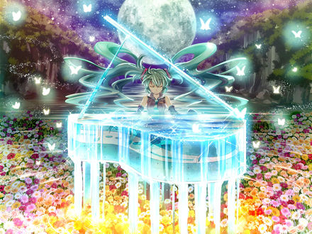 Обои на рабочий стол Vocaloid Miku Hatsune / Вокалоид Мику Хатсуне играет на фортепиано