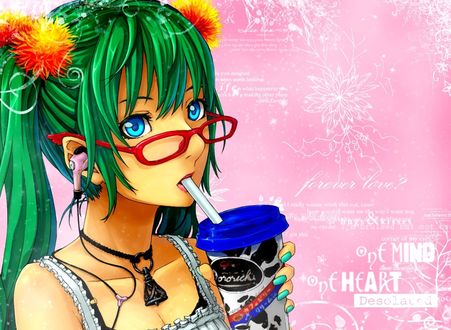 Обои на рабочий стол Вокалоид Hatsune Miku с голубыми глазами, с двумя хвостиками, в очках и напитком в руках