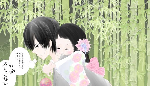 Обои на рабочий стол Hibari Kyoya / Хибари Кея несет на спине, заснувшую I-Pin / И Пин на фоне бамбуков, аниме Katekyo Hitman REBORN!/Репетитор киллер Реборн!