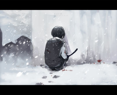 Обои на рабочий стол Hibari Kyoya / Хибари Кея под падающем снегом гладит кошку, аниме Katekyo Hitman REBORN!/Репетитор киллер Реборн, арт мангаки Josco
