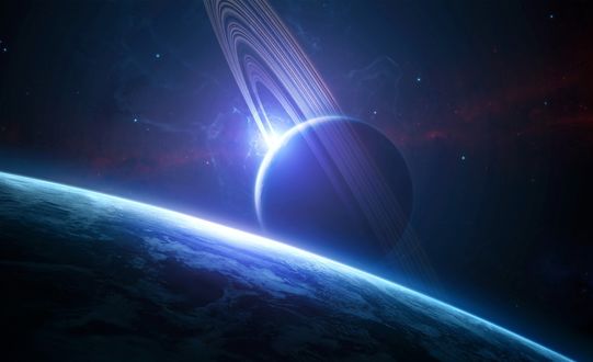 Обои на рабочий стол Планета с кольцами над заваленным горизонтом