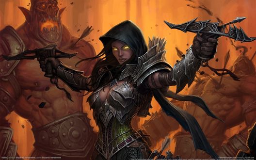Обои на рабочий стол Охотник на демонов / Demon-hunter с арбалетами в руках, арт к игре Diablo 3