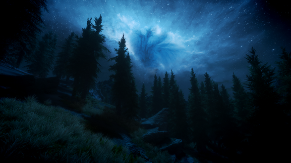 Обои на рабочий стол Звездное небо на ночным лесом, компьютерная игра Skyrim / Скайрим