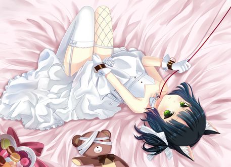 Обои на рабочий стол Ryone Yami / Рионе Ями в белом платье, рядом с которой лежит перебинтованный мишка и разноцветные печеньки, игра UTAU, арт мангаки Desubunny