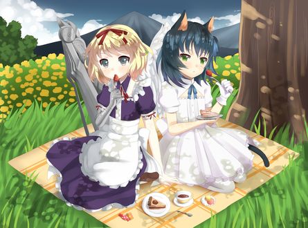 Обои на рабочий стол Ryone Yami / Рионе Ями и девушка блондинка на пикнике поедают тортик, игра UTAU, арт мангаки Desubunny