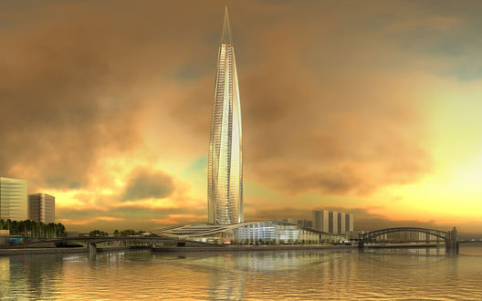 Обои на рабочий стол Санкт-Gетербург / Saint Petersburg, Охта-центр / Okhta Center на закате