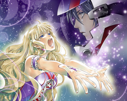 Обои на рабочий стол Saotome Alto / Саотоме Алто и Sheryl Nome / Шерил Номе из аниме Macross Frontier / Макросс Фронтир, арт мангаки Hakuseki