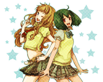 Обои на рабочий стол Ranka Lee / Ранка Лии и Sheryl Nome / Шерил Номе из аниме Macross Frontier / Макросс Фронтир, арт мангаки Buzz