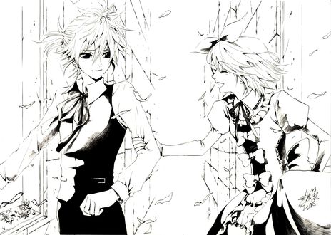 Обои на рабочий стол Vocaloid Kagamine Len / Вокалоид Кагамине Лен и Vocaloid Kagamine Rin / Вокалоид Кагамине Рин, арт мангаки Hakuseki