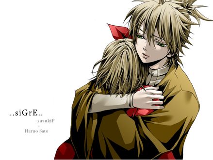 Обои на рабочий стол Vocaloid Kagamine Len / Вокалоид Кагамине Лен и Vocaloid Kagamine Rin / Вокалоид Кагамине Рин обнимают друг друга, арт мангаки Hakuseki