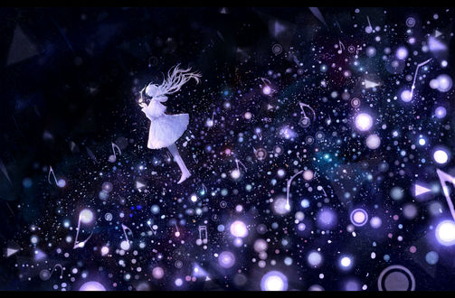 Обои на рабочий стол Светловолосая девушка смотрит на светящуюся ноту, art by Sakimori