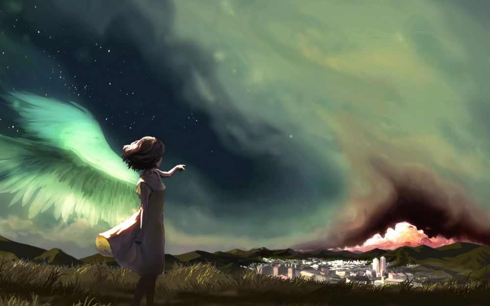Обои для рабочего стола Девушка-ангел показывает пальчиком в сторону города вдали на фоне ночного неба