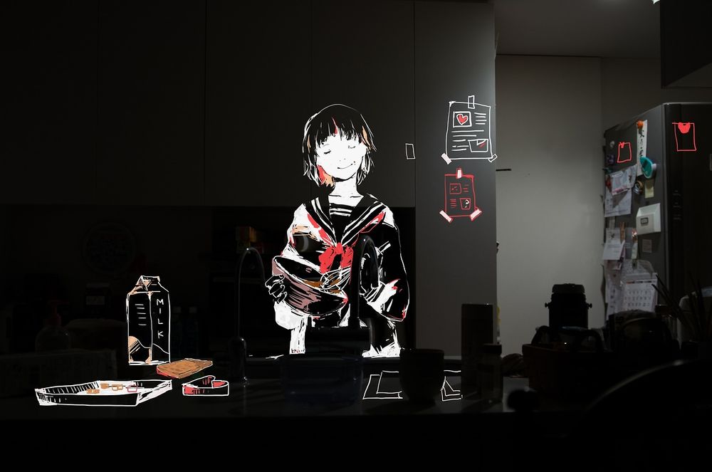 Обои для рабочего стола Полупрозрачная анимешная девочка в школьной форме на кухне взбивает венчиком шоколадную массу в миске