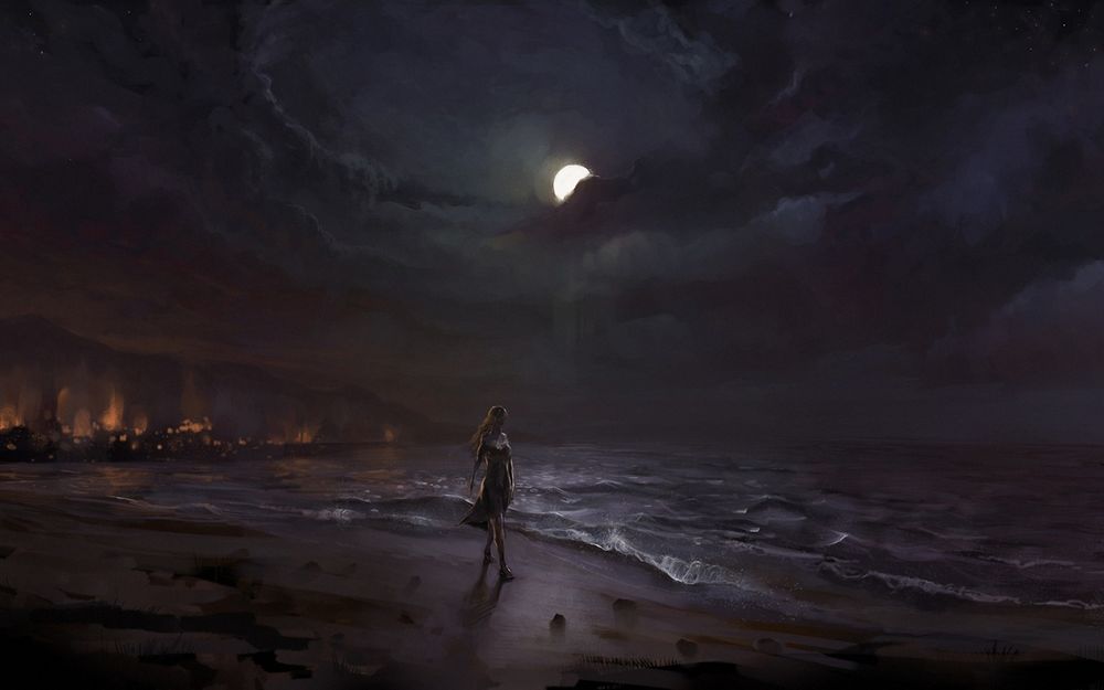 Обои для рабочего стола Девушка бредет по пустынному морскому пляжу темной ночью при свете луны, вдали видно огни города