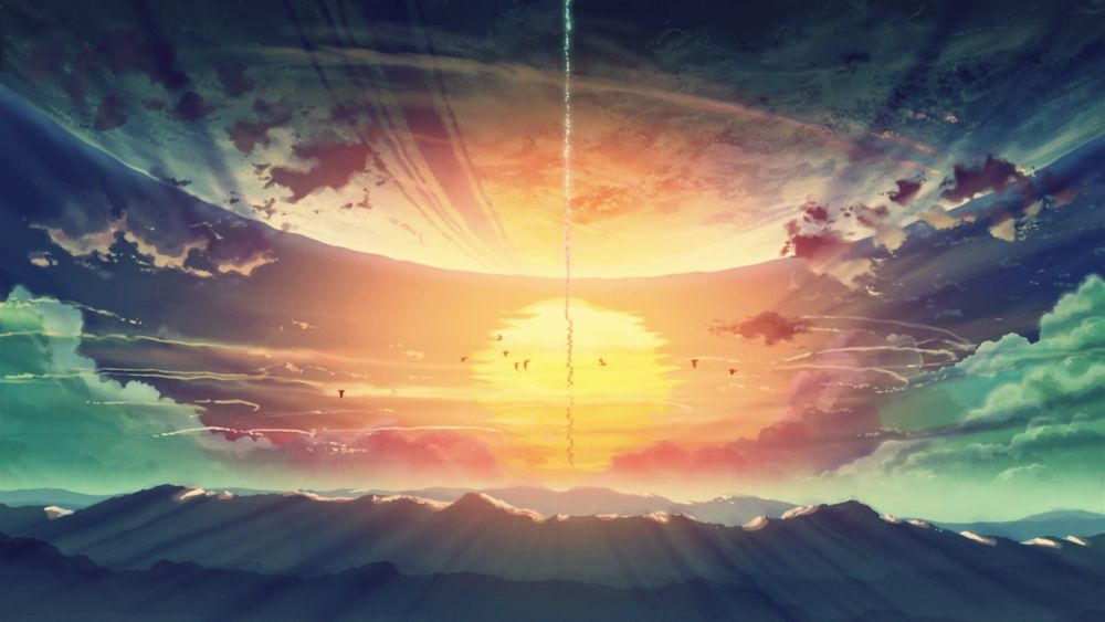 Обои на рабочий стол Закат солнца над горами, арт мангаки Makoto Shinkai,  обои для рабочего стола, скачать обои, обои бесплатно