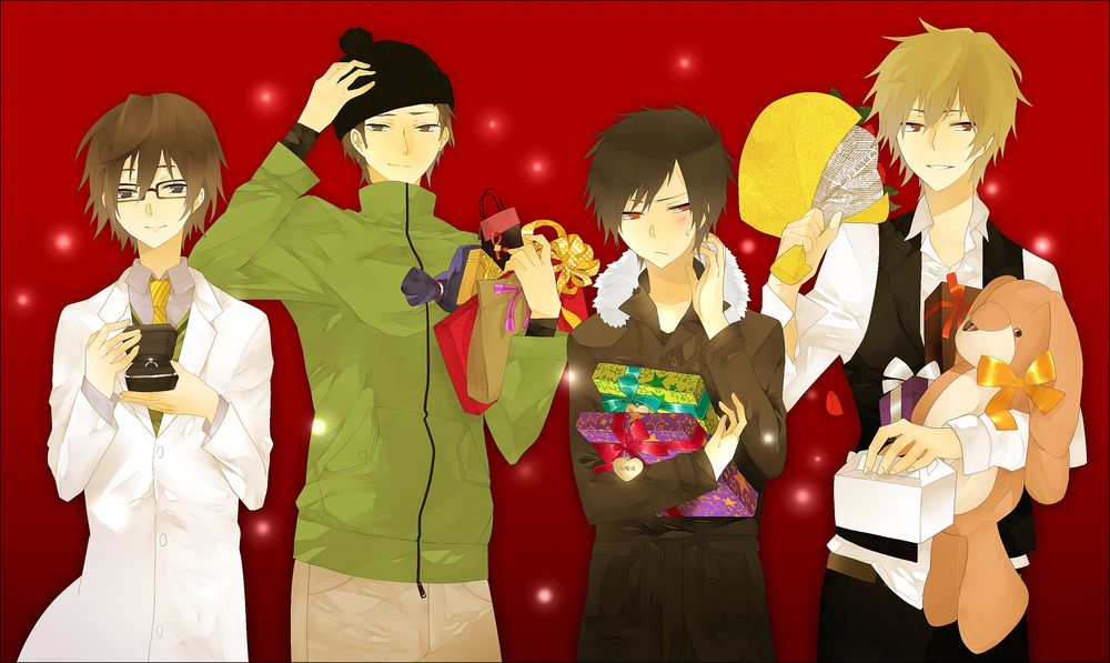 Обои для рабочего стола Heiwajima Shizuo / Хейваджима Шизуо, Kadota Kyouhei / Кадота Кюхей, Kishitani Shinra / Кишитани Шинра и Orihara Izaya / Орихара Изая стоят на красном фоне, держа в руках различные подарки, аниме Durarara / Дюрарара, арт мангаки Kurobara