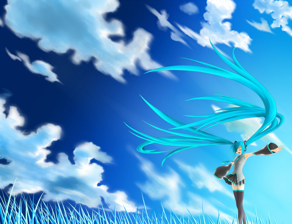 Обои для рабочего стола Vocaloid Miku Hatsune / Вокалоид Мику Хатсуне на фоне неба
