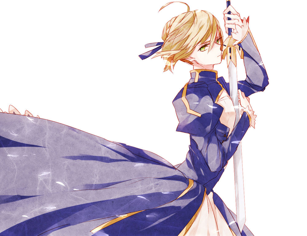 Обои для рабочего стола Saber / Сабер с мечом в руках из аниме Fate / stay night / Судьба: Ночь Прибытия, арт мангаки Hiro