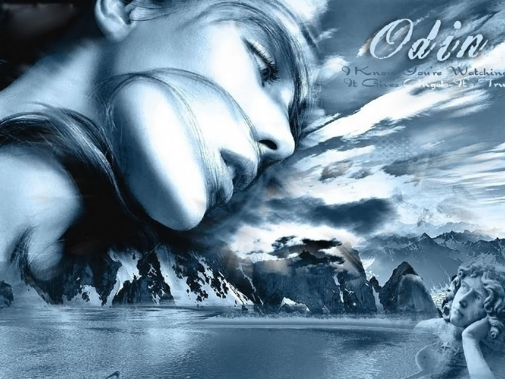Обои для рабочего стола Девушка смотрит на статую (Odin / Один)