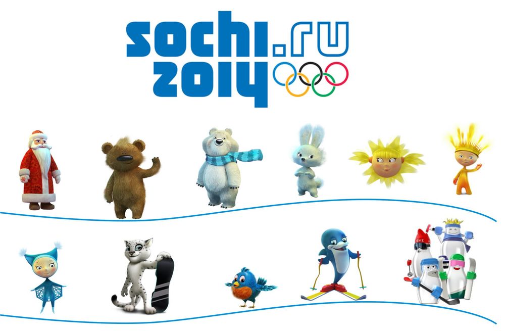 Обои для рабочего стола Талисманы олимпиады Сочи 2014 / Sochi 2014 - Леопард, Белый Мишка и Зайка, рядом еще много забавных сувениров