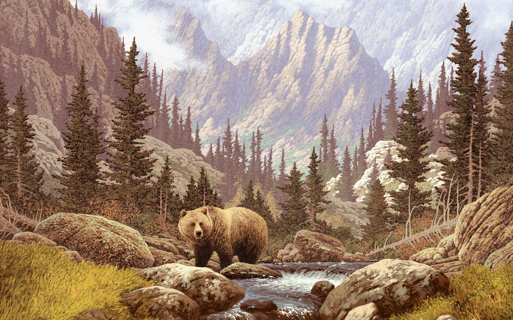 Обои для рабочего стола Медведь стоит на камнях у ручья на фоне елей и высоких гор
