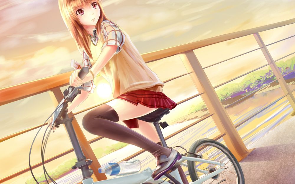 Обои для рабочего стола Девушка в школьной форме на велосипеде