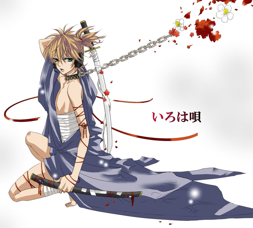 Обои для рабочего стола Vocaloid Kagamine Len / Вокалоид Кагамине Лен в кимоно и с двумя саблями, арт мангаки Hakuseki