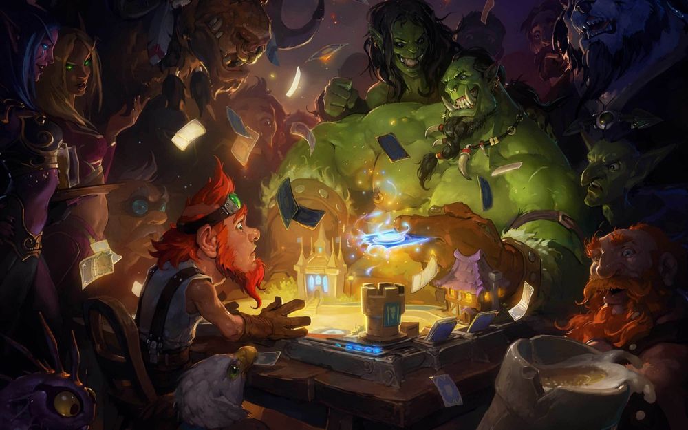 Обои для рабочего стола Различные персонажи игры World Of Warcraft сидят за столиком и играют в Hearthstone