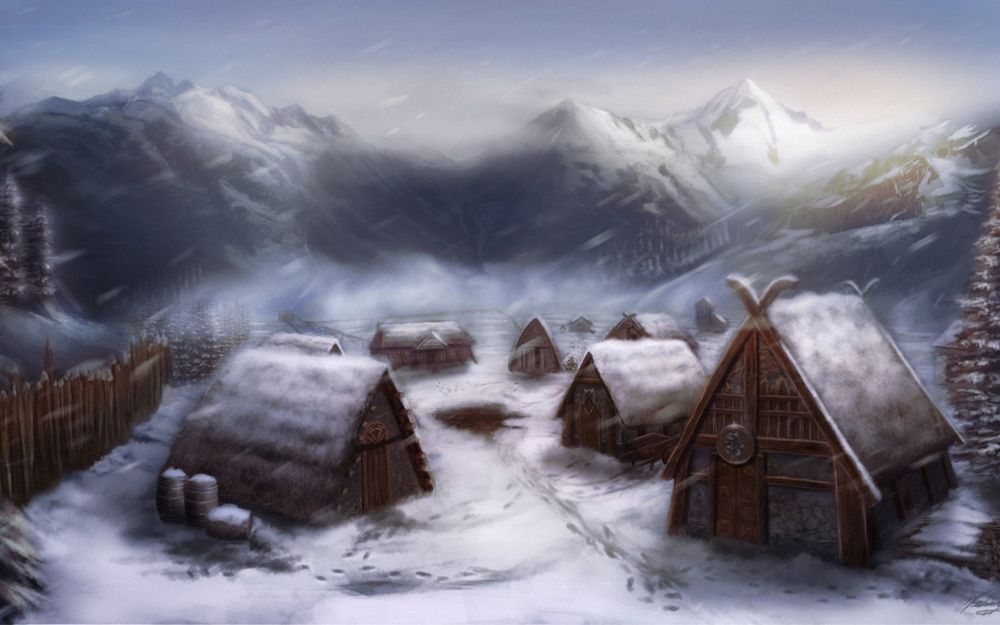 Обои для рабочего стола Домики викингов в снегу на фоне гор и неба