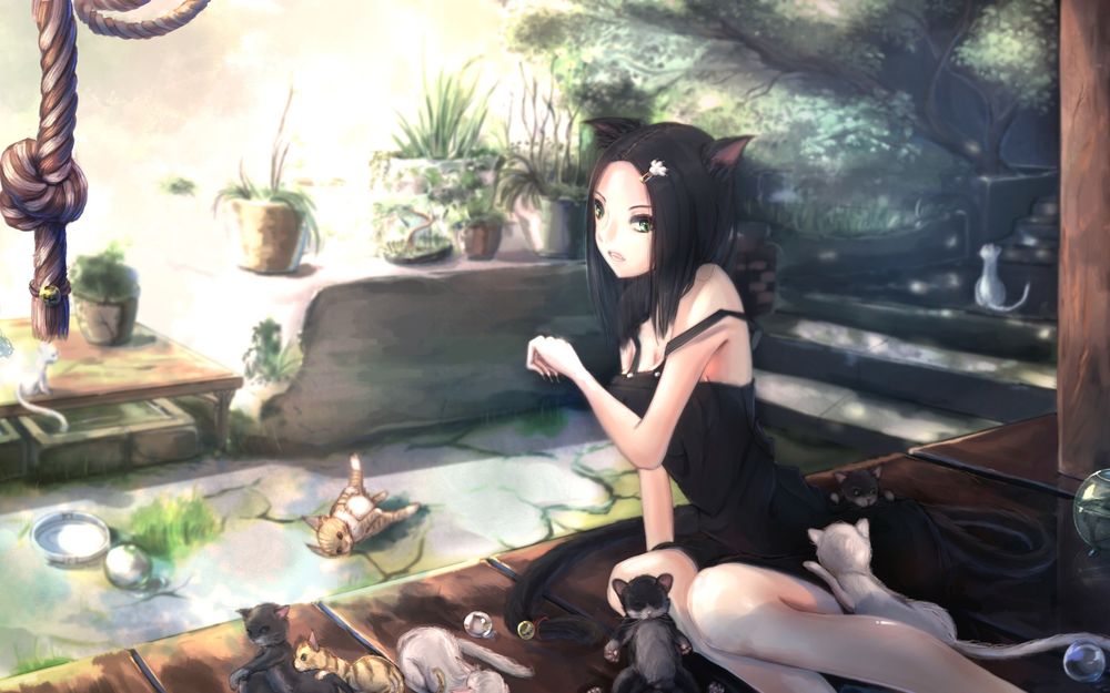 Обои для рабочего стола Нэко девушка, в окружении котят, сидит на полу