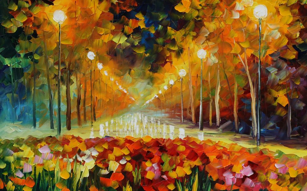 Обои для рабочего стола Цветы на первом плане на фоне аллеи между деревьями, которая освещена фонарями, художник Леонид Афремов