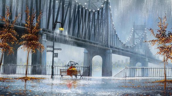 Обои на рабочий стол Влюбленная пара сидит под дождем у моста, Художник Jeff Rowland