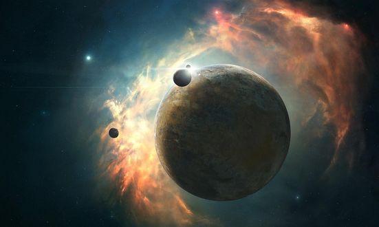 Обои на рабочий стол Огромная планета с тремя спутниками