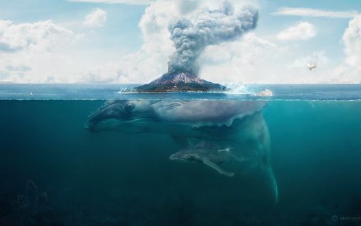 Обои на рабочий стол Кит с детенышем под водой, на спине у кита дымящийся вулкан, рядом с которым летает вертолет