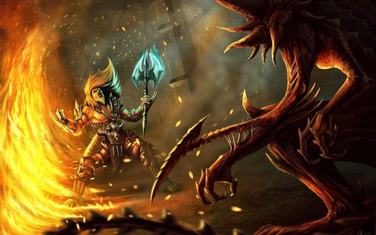 Обои на рабочий стол Варвар / Barbarian сражается с демоном, арт к игре Diablo 3