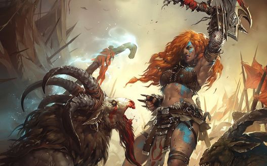 Обои на рабочий стол Рыжая варварша / Barbarian сражается с полчищем демонов, арт к игре Diablo 3