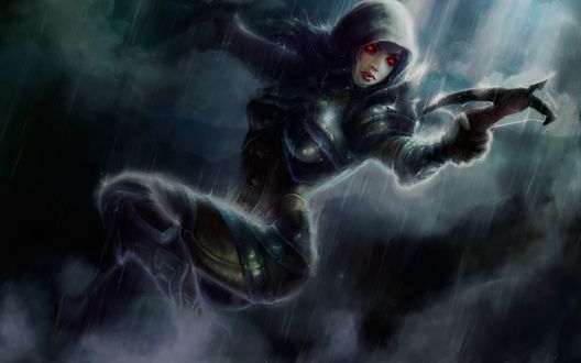 Обои на рабочий стол Охотница на демонов / Demon Hunter с арбалетом в руке под проливным дождем, арт к игре Diablo 3